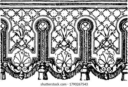 A hanging textile termination with the lower end ornamentally cut. It is ornamented with cords, tassels and embroidery, vintage line drawing or engraving illustration.