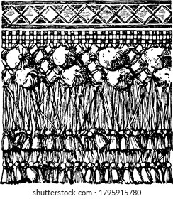 Terminación textil colgante con corte ornamental inferior. Está ornamentada con cuerdas, borlas y bordados. El borde superior de la valencia se fija generalmente a la moldura, vintage