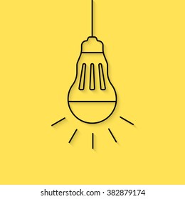 hanging thin line led bulb. concept of crowdfunding, eco friendly, watt, bright, invention, knowledge, iq, ecology. flat style trend modern logotype design vector illustration on yellow background