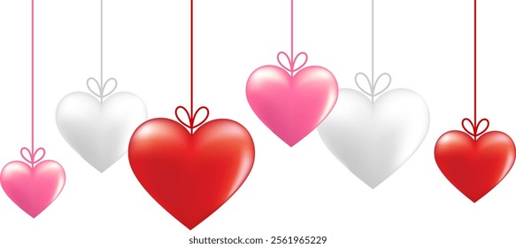 Hanging three dimensional red, pink and white heart baubles. 3d glossy heart decoration element for Valentines Day event