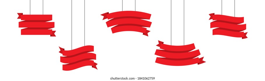 Hanging title ribbon in red. Curled promotion ribbon on a rope. Set of red blank banners for advertisement. Isolated flat gift ribbon on white background.  Hanging title ribbon illustration. EPS 10