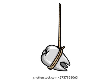 A hanging tooth that has been pulled with a rope