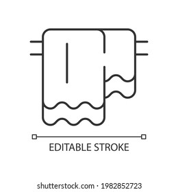 Hanging towel linear icon. Clean wipes for shower. Bathroom drapes. Textile products, house cloth. Thin line customizable illustration. Contour symbol. Vector isolated outline drawing. Editable stroke