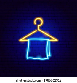 Hanging Towel Neon Sign. Vector Illustration of Laundry Promotion.