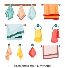 Hanging towels set. Colored textile fabric for kitchen and bath soft spa salons in hotels scented terry beach rough wiping dishes in kitchen bright fashion collection household. Cartoon vector.