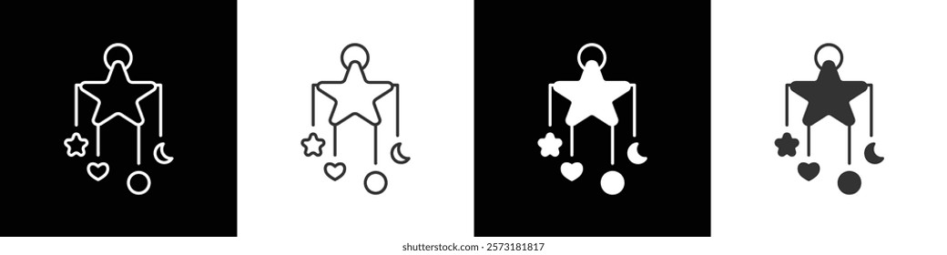 Hanging toys icon with star shapes, babies icon, hanging toys thin line icon. Kids toys outline icons. Simple Kids toys vector illustration in black, white and transparent background. Eps10