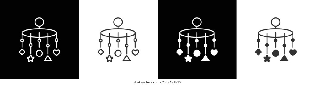 Hanging toys with multiple hangers. Hanging toys icon, babies icon, Kids toys outline icons. Simple Kids toys vector illustration in black, white and transparent background. Eps10