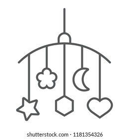 Hanging toys thin line icon, child and bed, crib sign, vector graphics, a linear pattern on a white background, eps 10.