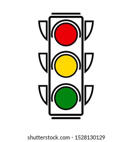 Hanging traffic lights with all three colors on. Flat vector illustration isolated on white background