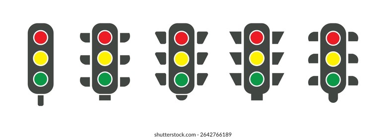 Semáforos colgantes con los tres colores encendidos. Ilustración vectorial plana aislada sobre fondo blanco