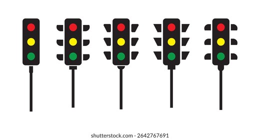 Semáforos colgantes con los tres colores encendidos. Ilustración vectorial plana aislada sobre fondo blanco