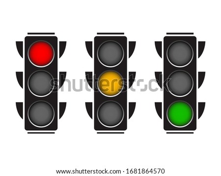 Hanging traffic lights with all three colors on. Flat vector illustration isolated on white background