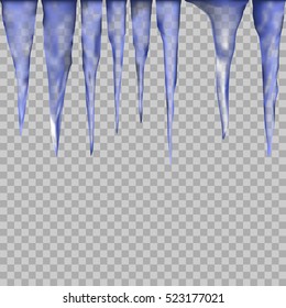 Hanging translucent icicles in blue colors on transparent background. vector illustration of icicles. winter elements for background and design.