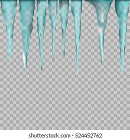 Hanging translucent icicles in blue colors on transparent background. vector illustration of icicles. winter elements for background and design.
