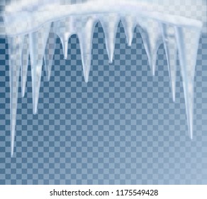 Hanging translucent icicles with snow in blue colors on transparent background. 