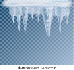 Hanging translucent icicles with snow in blue colors on transparent background. 