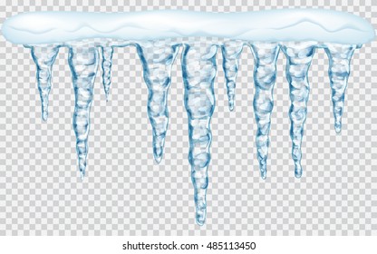 Hanging translucent icicles with snow in blue colors on transparent background. Transparency only in vector file