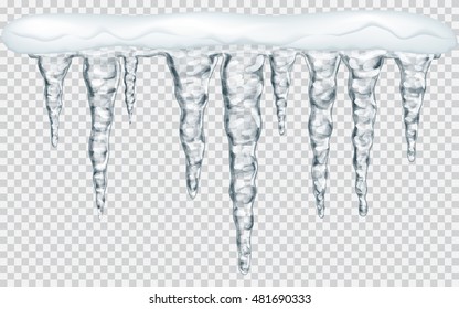 Hanging translucent icicles with snow in gray colors on transparent background. Transparency only in vector file