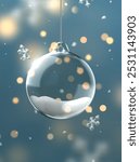 Hanging transparent Christmas ornament with snow inside and falling snowflakes and golden bokeh lights on soft blue background. Realistic 3d design Xmas decoration glass ball. Vector illustration