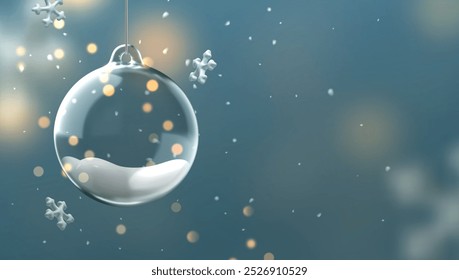 Hanging transparent Christmas ornament with snow inside and falling snowflakes and golden bokeh lights on soft blue background. Realistic 3d design Xmas decoration glass ball. Vector illustration