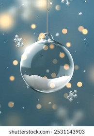 Hanging transparent Christmas ornament with snow inside and falling snowflakes and golden bokeh lights on soft blue background. Realistic 3d design Xmas decoration glass ball. Vector illustration