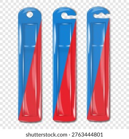 Hanging transparent long blister box. Realistic vector mockup set. Cardboard back clear plastic front display package. 3d mock-up. Easy editable template