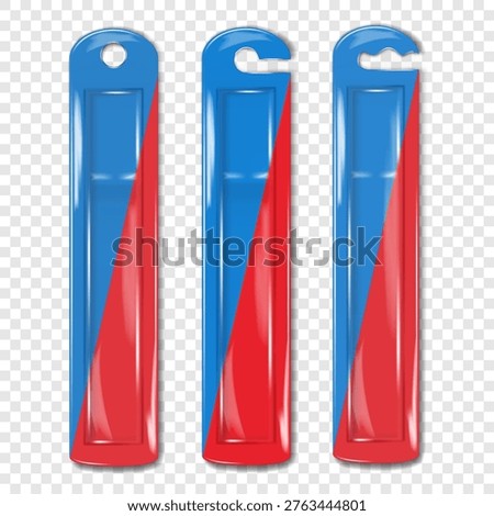 Hanging transparent long blister box. Realistic vector mockup set. Cardboard back clear plastic front display package. 3d mock-up. Easy editable template