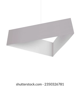 Hanging triangle trade show display realistic vector mockup. Triangular ceiling banner sign for promotional graphics mock-up. Template for design