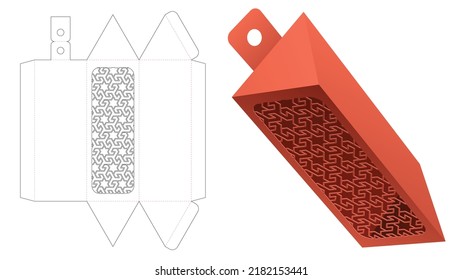 Hanging triangular packaging with stenciled pattern die cut template and 3D mockup