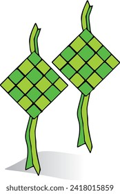 Hanging two green ketupat for Eid mubarak and Ramadhan Islamic decoration vector design