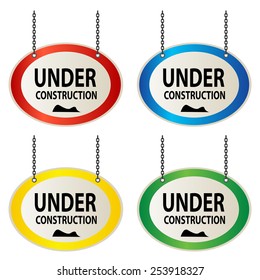 Hanging under construction sign boards in four different colors