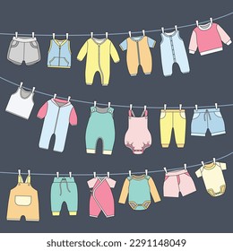 Hanging unisex newborn baby clothes cute flat illustration drawing in dark background