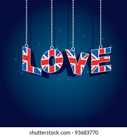 hanging united kingdom love decorations on blue background