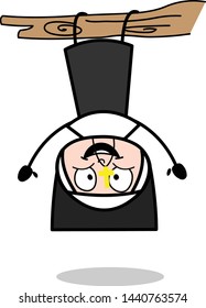 Hanging Upside Down on Branch - Cartoon Nun Lady Vector Illustration