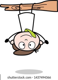Hanging Upside Down - Retro Black Office Girl Cartoon Vector Illustration