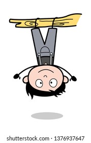 Hanging Upside Down - Retro Repairman Cartoon Worker Vector Illustration