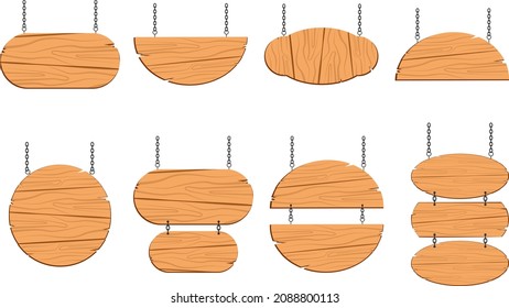 hanging various wooden sign plank with round shape, fit for guideline and announcement by vector design