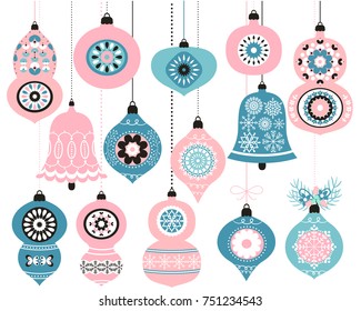 Hanging vector Christmas ornaments in pink and blue colors for greeting cards, invitation and holiday decor