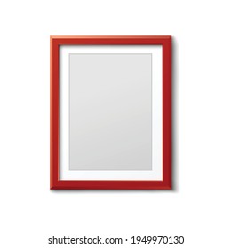 Hanging vertically photo red frame mockup realistic vector illustration isolated.