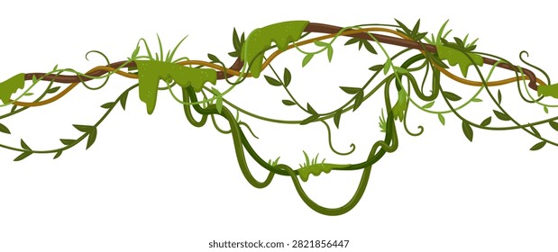 Hanging vine plant border. Decorative climbing vine branches with green foliage flat vector illustration. Botanical garland isolated on white background