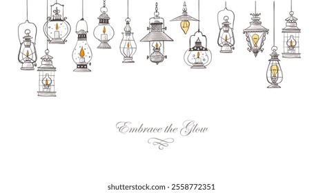 Hanging vintage doodle lanterns hand drawn on white background. Vector illustration with place for your text.