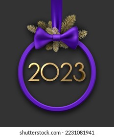 Hanging violet christmas bauble outline with 2023 sign. Golden fir in bow.
