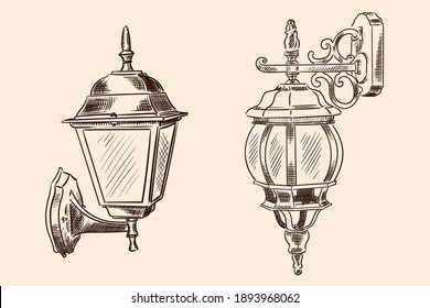 Hanging wall lamp in classic style for street lighting. Handmade sketch on a beige background.