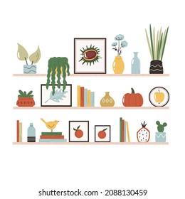 Hanging wall shelves with books, flower pots, pictures and different decorations. Vector illustration of home interior