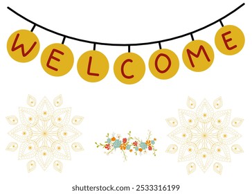 Hanging Welcome Text with Mandala Graphics and Floral Design, Elegant Typography, Intricate and Artistic Decor, Bright and Inviting Elements, Beautiful Mandala and Flower Artwork