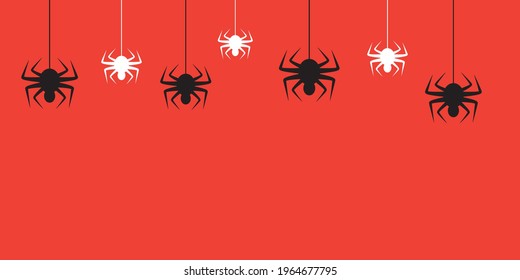 Hanging white and black spiders on orange background. Template, banner, frame, mock up. Vector illustration with space for text for cover, decoration, invitation card, web.