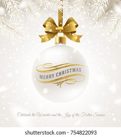 Hanging white Christmas bauble with glitter gold bow ribbon and greeting with flourishes elements. Vector illustration.