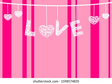 Hanging white love and heart on pink background. Valentine day concept vector illustration.