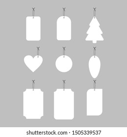 Hanging white paper tag, label different shapes vector set isolated on gray background.