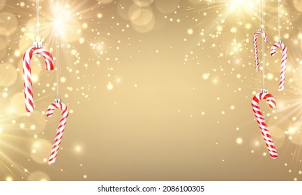 Hanging white and red candy canes on golden firework background. Vector holiday illustration.